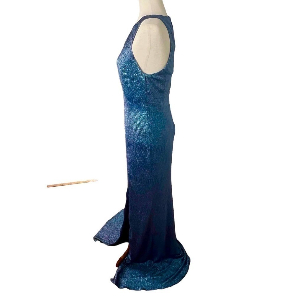 Dessy Collection 3063 Midnight Blue Metallic Column Gown High Slit 10R - Picture 8 of 16